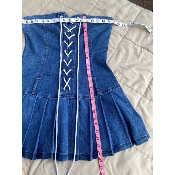 Y2K Denim Tube Dress M Pleated Skirt Lace-Up Front Drop Waist Skater 2000s USA - Picture 9 of 16